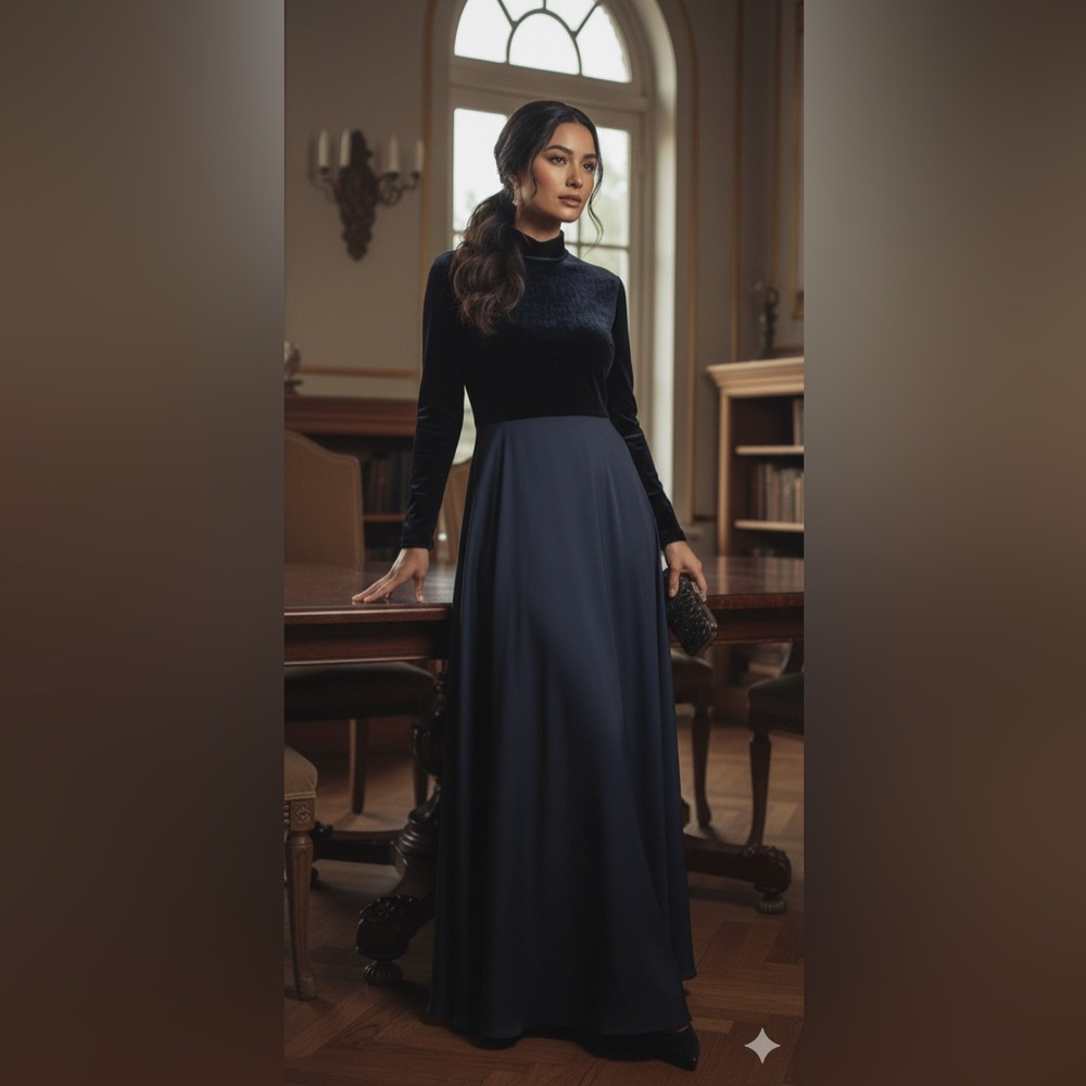 Isabella Bird Vintage 90s Silk Velvet Maxi Dress 6 Navy Mock Neck Whimsigoth